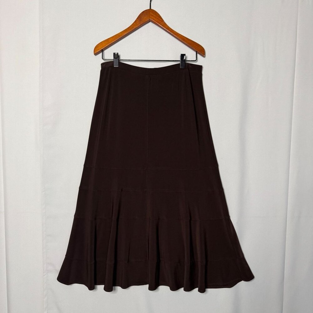 Frank Lyman Design Chocolate Brown Stretch Pull On Tiered Maxi Skirt Size 14
